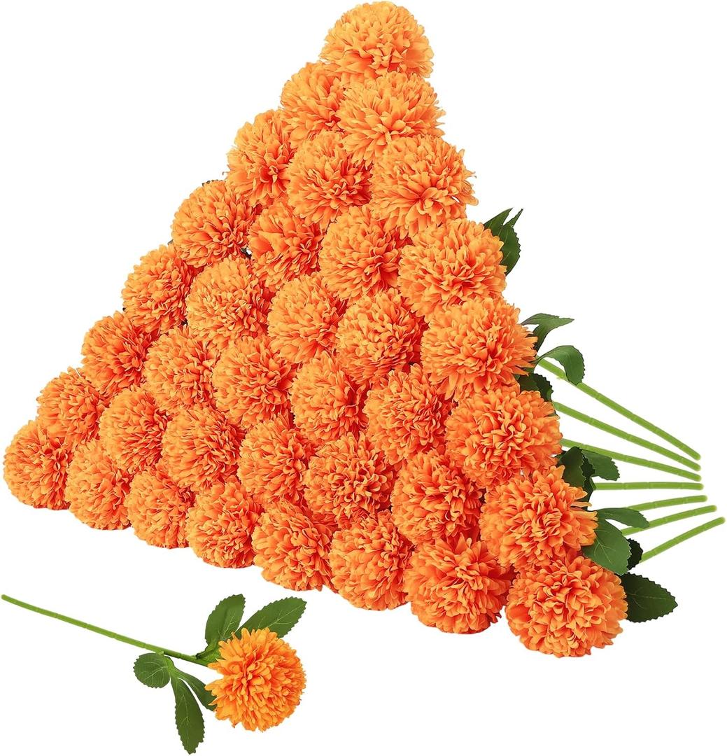 36 Pcs Artificial Flowers Chrysanthemum Ball Flower Orange Fake Silk with Stems Ball Bouquet Fake Mums Floral for Mexican Day Home Decor Table Centerpiece Parties
