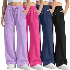 4 Pack Girls' Wide Leg Pants Drawstring Baggy Sweatpants Teen Loose Open Bottom Joggers with Pockets, XS