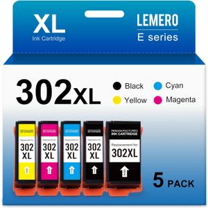 LEMERO Remanufactured Ink Cartridge Replacement for Epson 302 XL 302XL T302XL for XP-6100 XP6100 XP6000 XP-6000 Printer (Black, Photo Black, Cyan, Magenta, Yellow, 5 Pack) (1PGBK 1BK 1CMY)