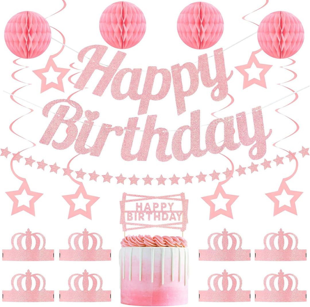 Happy Birthday Party Decorations Set Pre-Strung Pink Glitter Banner Paper Crown Star Garland Cake Topper Hanging Swirls Tissue Pom Poms Birthday Party Supplies