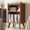Record Player Stand, Turntable Stand with Record Storage and Charging Station & USB Ports, Record Player Table with Metal Divider, Record Stand Up to 160 Albums for Living Room, Bedroom Walnut, 19.6" x 15.7" x 31.8"
