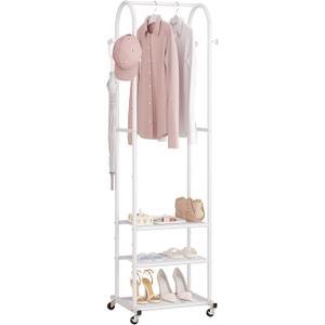 Hall Tree with Wheels and Hanging Hooks,Heavy-Duty Metal Coat Rack with Shoe Shelves,3-in-1 Narrow Entryway Storage for Small Space,Suitable for Hallway,Bedroom and Bathroom,White