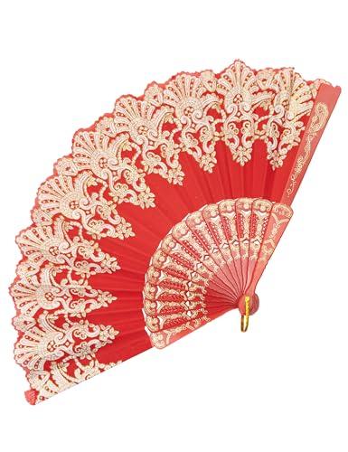 EOSAU Handheld Chinese Folding Fan Hand Fans for Women Foldable Bulk for Party Wedding Church Dancing (Red)
