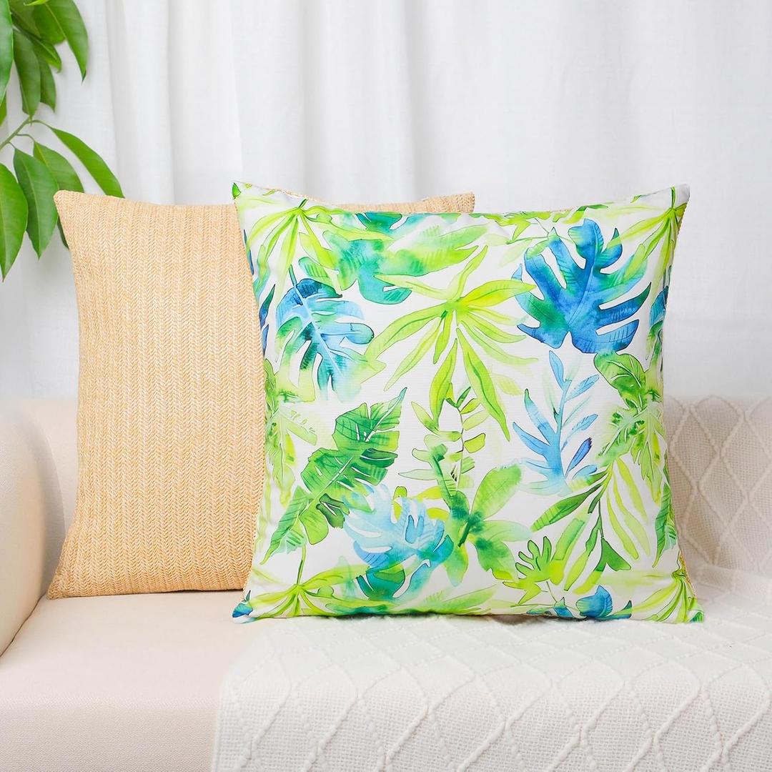 2 x Pack of 2, Decorative Throw Pillow Covers Green Leaves Woven Farmhouse Outdoor Cushion Covers Soft Texture Couch Cushion Case for Couch Sofa Bedroom Living Room