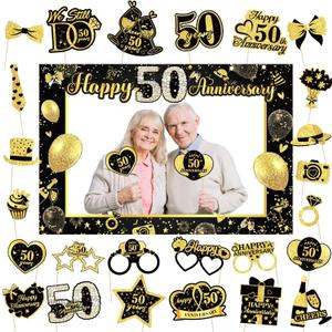 50th Wedding Anniversary Decorations Black Gold 50th Wedding Anniversary Party Photo Booth Props and Selfie Frame Silver Happy 50 Years Anniversaries Party Supplies for Women Men Cheers to 50 Years