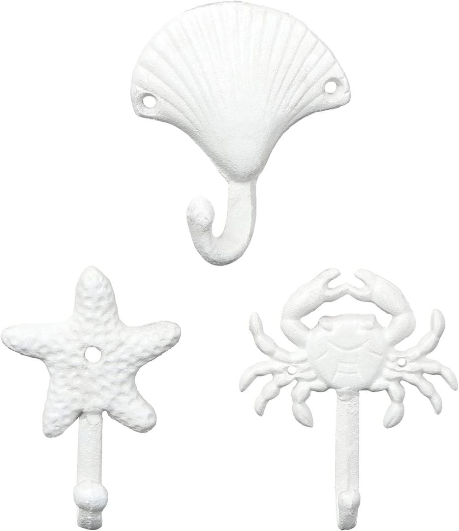 Starfish Seashell Crab Decorative Wall Hooks, 3PCS Beachy Themed Cast Iron Coat Hook, Nautical Metal Wall Mounted Hanger for Towel Robe Scarf Key Bag Cap