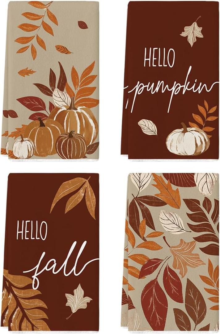 Artoid Mode Maple Leaves Pumpkin Fall Kitchen Towels Dish Towels, 18x26 Inch Farmhouse Thanksgiving Decoration Hand Towels Set of 4