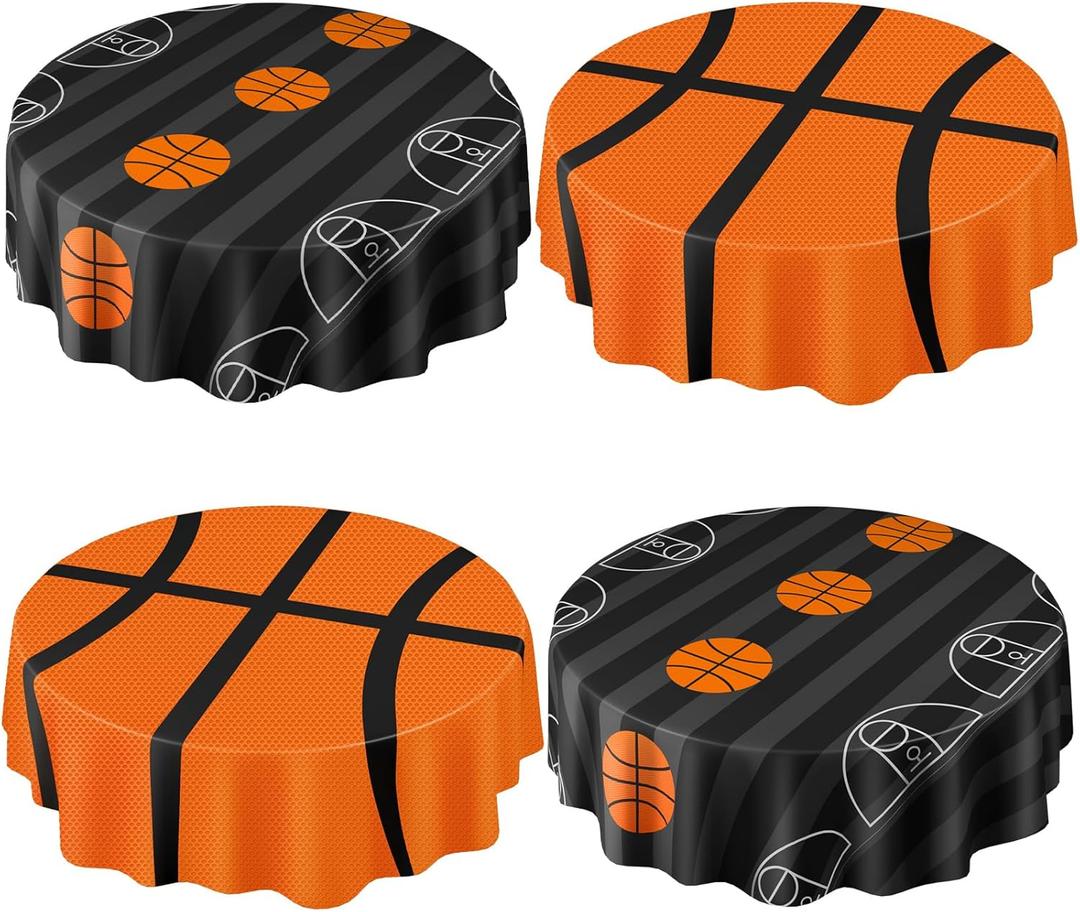 4 Pack Round Basketball Tablecloth 84 Inch Plastic Basketball Party Decorations Disposable Table Cloth Washable Disposable Table Cover for Birthday Party Supplies Decoration