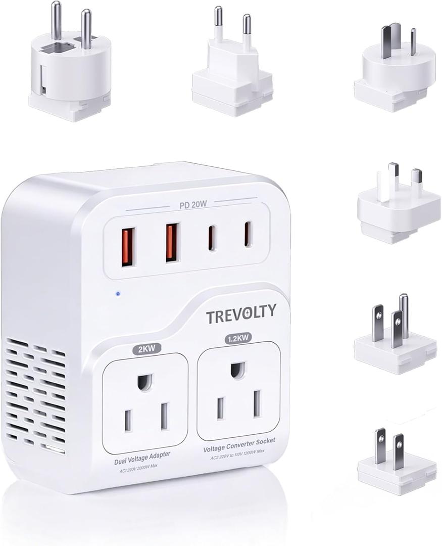 2000W Voltage Converter US to Europe for Hair Dryers, 7-in-1 220V to 110V Converter for European Travel with 3 AC/2 USBA/2 USBC Ports (PD20W), Universal Travel Adapter (White)