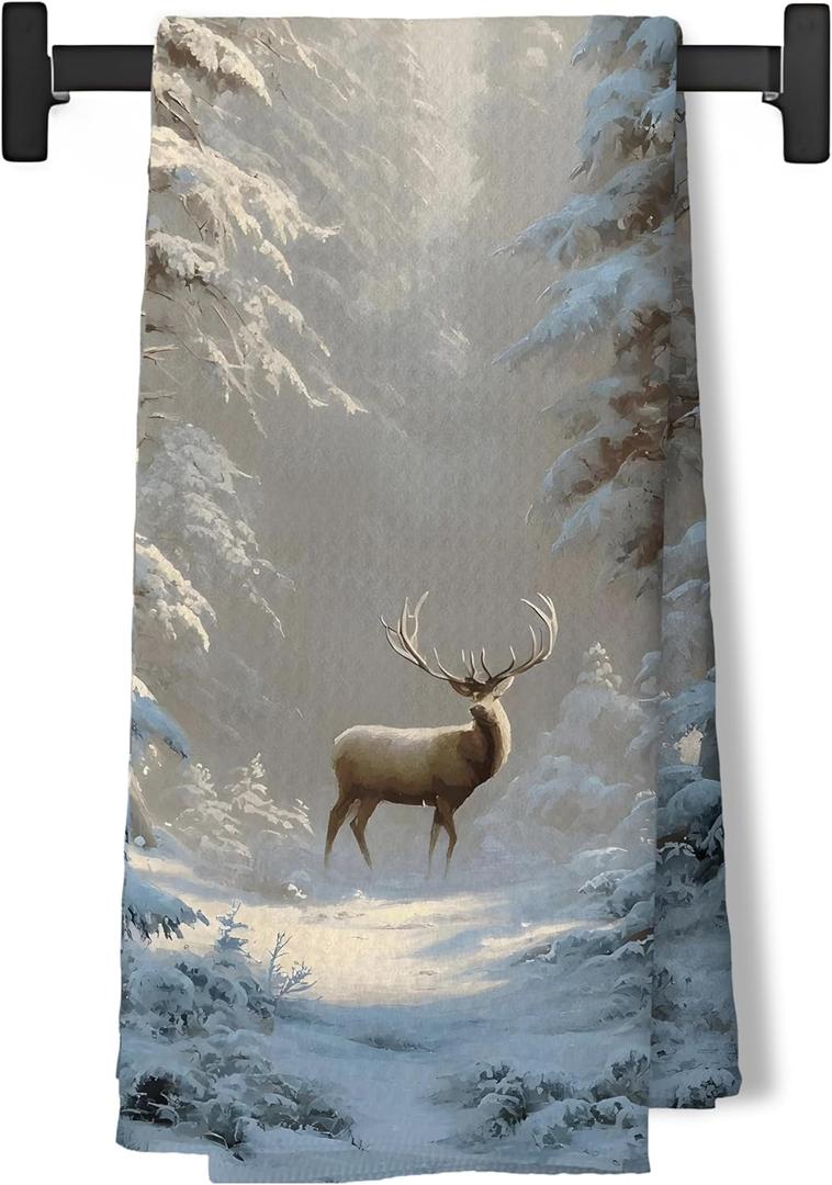 Winter Christmas Reindeer Kitchen Dish Tea Towels, Winter Forest Nature Landscape Xmas Decorative Hand Towels for Bathroom Kitchen, Christmas Bathroom Decor, 16x24 Inch