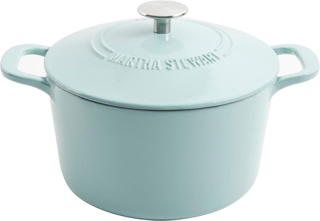 MARTHA STEWART Gatwick 7-Quart Enamel Cast Iron Dutch Oven Martha Blue Durable Heavy-Duty Dutch Oven for Slow Cooking, Braising & Baking