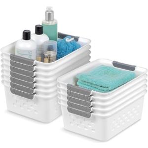 IRIS USA Plastic Storage Baskets, 12-Pack, Made in USA, Shelf Baskets Small Baskets Organizing Bins For Pantry Countertops Closet Shelves Office, Muti-Purpose, Nestable, Easy Carry, White