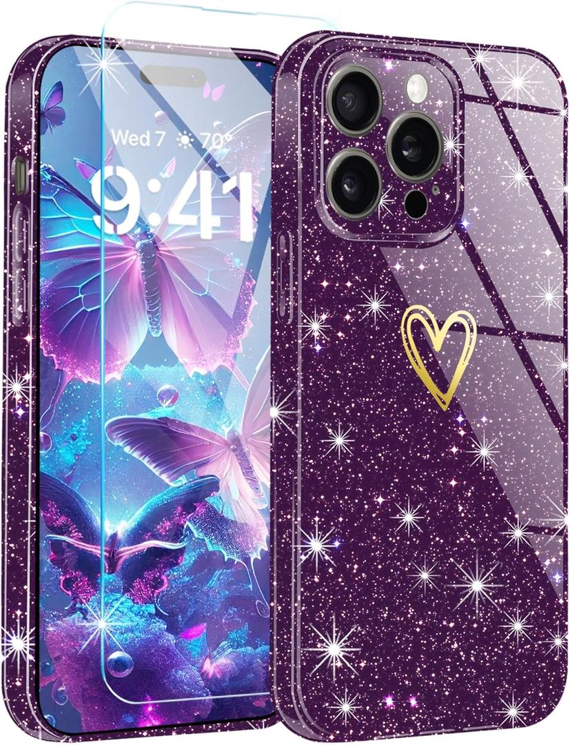 for iPhone 15 Pro Max Case Cute,Clear Glitter with [1 x Tempered Glass Screen Protector] Sparkly Bling Shockproof Bumper Protective Soft Silicone Phone Cover Case for Women Girls Dark Purple