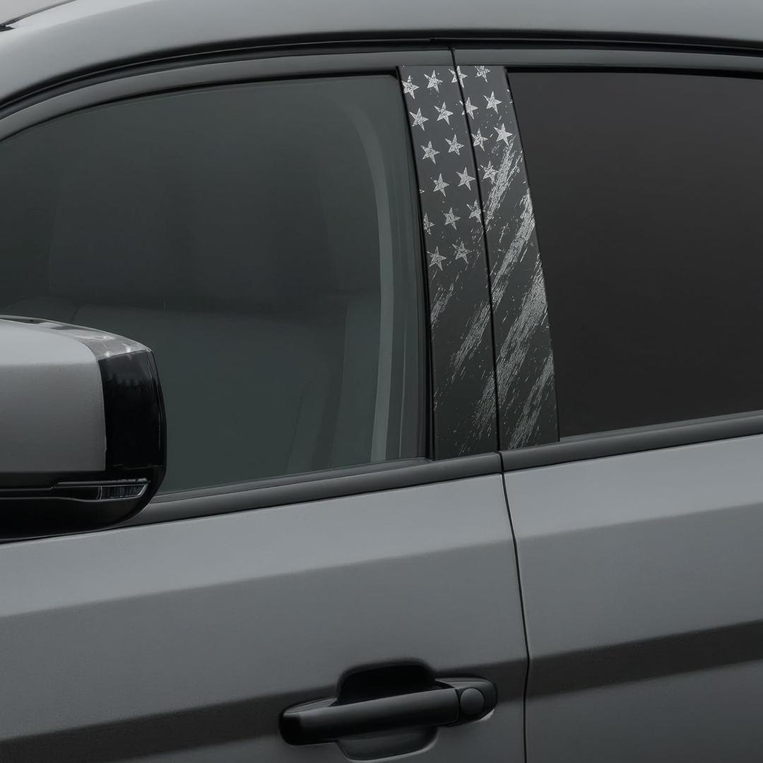 2PCS Car B-Pillar Sticker Decal Set, 12"x21.5" Gloss Vinyl Wrap, Waterproof Vehicle Door Pillar Decoration with Squeegee for Easy DIY Install (Flag Grayscale)