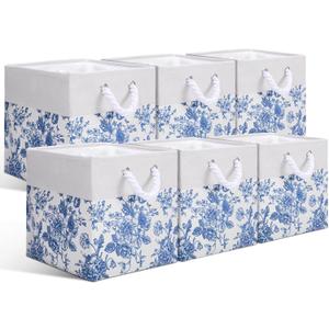 LemonRoad 6 Pcs Blue Floral Cube Storage Bins 13 Inch Square Storage Basket with Handle Preppy Girl Organizer Basket Collapsible Fabric Box for Classroom Bedroom Office Home Decoration Gift