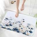 Sanzugh Navy Blue and Gold Flower Bath Mat Rug for Bathroom, Boho Watercolor Floral Leaves Cute Bathroom Floor Rugs Mats Non Slip Kitchen Indoor Decor Decoration Accessories 17X29 Inches