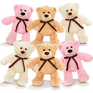 6Pcs Teddy Bear Stuffed Animals Bulk for Baby Shower, Small Stuffed Teddy Bear Plush, 10" Bulk Bears Plush Toys for Baby Shower Party Decorations Christmas Valentine's Day (Brown, Pink, White)