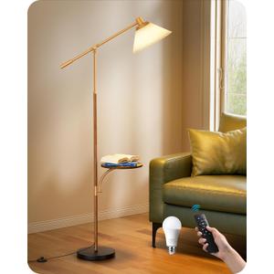 EDISHINE 68" Arc Floor Lamp with Table, Vintage Standing Lamp for Living Room with Tray, Tall Reading Lamp, Beige Shade, Adjustable Arm, Remote Dimmable Bulb Included, for Bedroom Office, Wood Grain