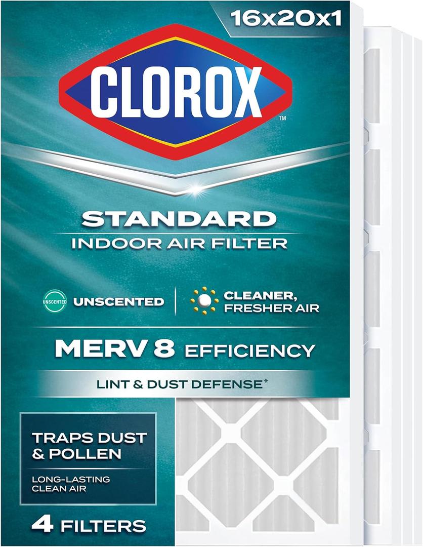 Clorox 16x20x1 Air Filter, MERV 8 Pleated HVAC AC Furnace Air Filters for Lint, Dust and Pollen, MPR 600 & FPR 5 Pack of 4