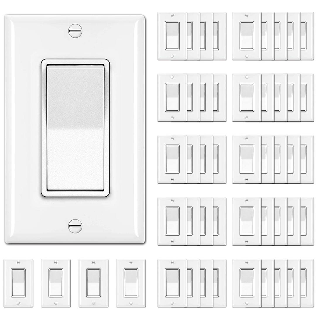 [50 Pack] BESTTEN Single Pole Decorator Wall Light Switch with Wall plate, 15A 120/277V, On/Off Rocker Paddle Interrupter, UL Listed, White