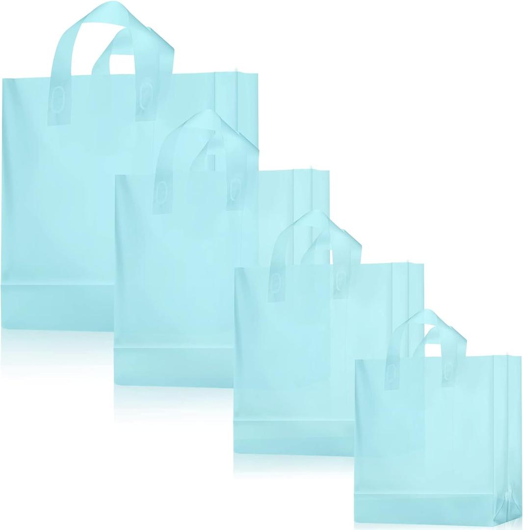 Weewooday 100 Pcs Frosted Plastic Gift Bags with Handles for Small Business Clear Shopping Bags with Cardboard Bottom,4 Sizes (Blue)