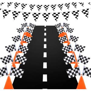 Race Car Birthday Decorations,Racecar Centerpiece Decoration,7in Orange Racing Cones(12),Checkered Flags (24), Racetrack Floor Runner,Checkered Banner,Car Theme Party Supplies(39PCS)