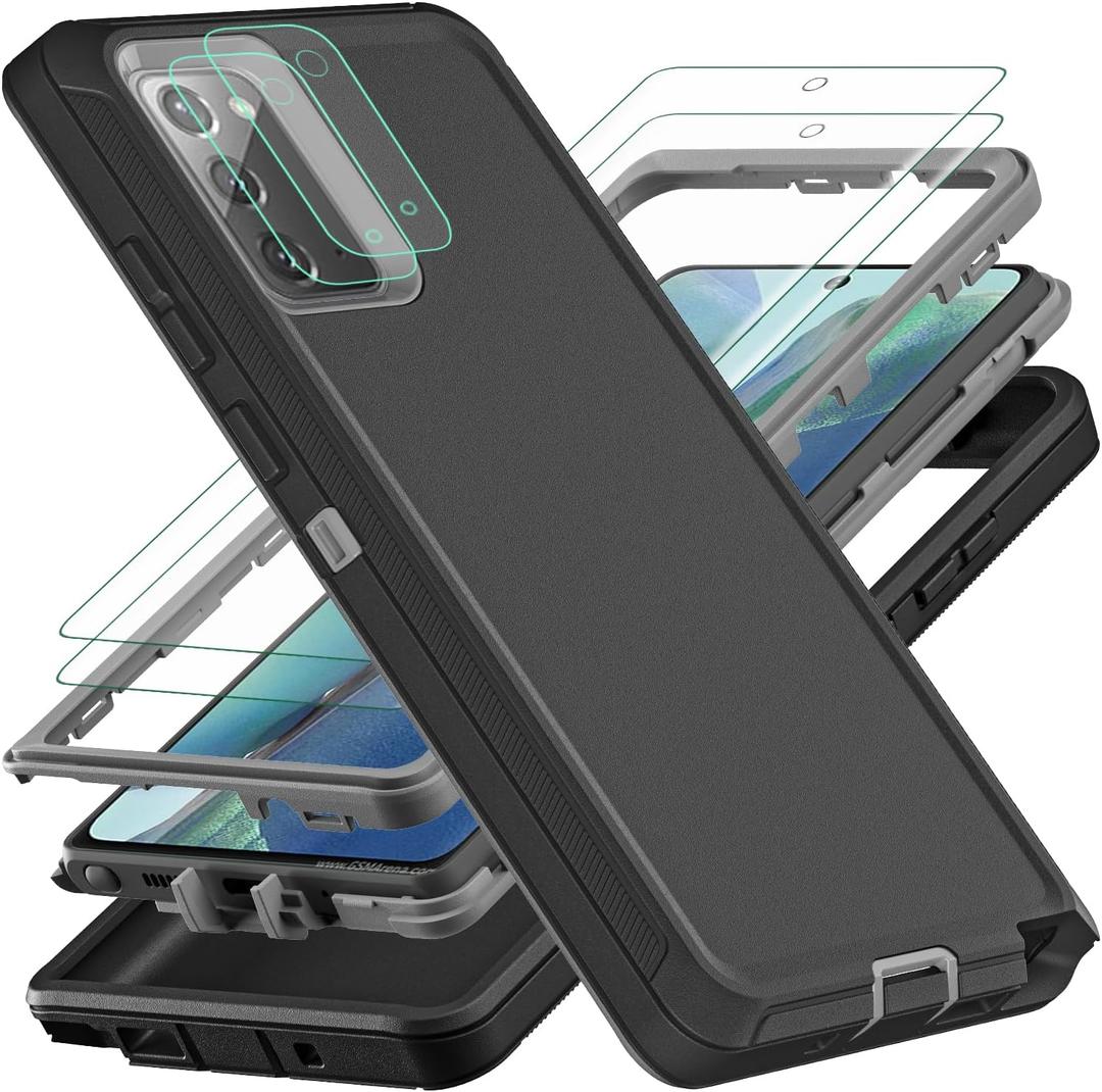 for Samsung Galaxy Note 20 Case, with 2Pcs [Self Healing Flexible TPU Screen Protector & Camera Lens Protector] Military Grade 3 in 1 Heavy Duty Case for Galaxy Note 20 5G (Black/Grey)