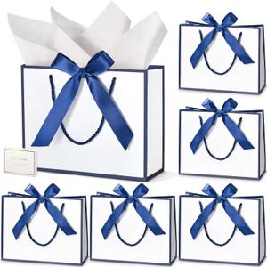 DOYIDE 30 Pcs Thank You Gift Bags with Tissue Paper, 9x7x3.1in Paper Gift Bags with Handles, Gift Wrap Bags with Bow Ribbon for Wedding Birthday Baby Shower Bridesmaid Party (White and Navy)