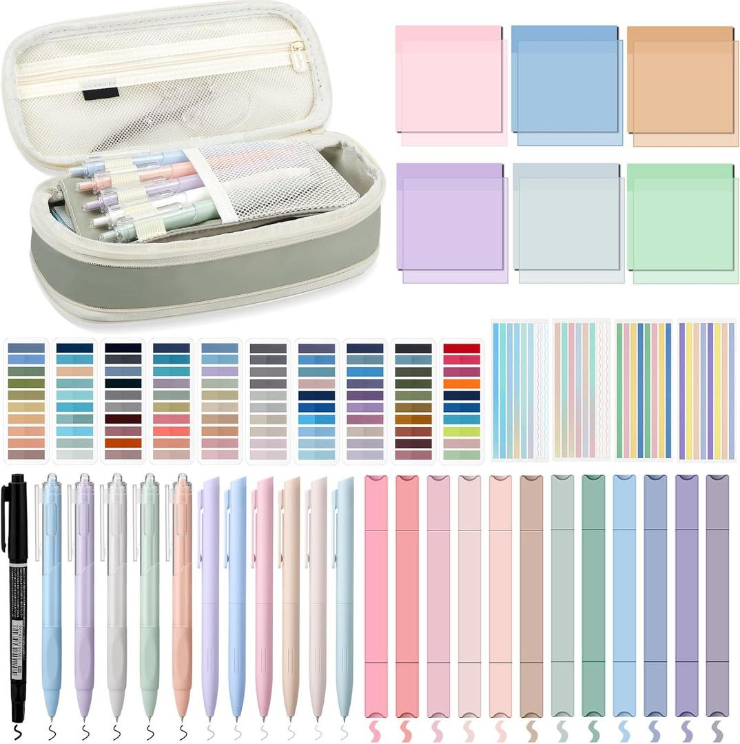 135 Pcs Book Annotation Kit Aesthetic Pencil Case Bag 12 Highlighter 11 Gel Pen 1 Marker 300 Sheet Transparent Sticky Notes Pad 2640 Index Stickers Bible Study Supplies(Classic,Light Green)