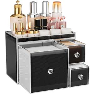 Coralhouse Multifunctional Face Towel Holder with 3 Drawers Tempered Glass Cotton Pad & Swab Organizer Disposable Face Towel Holder for Bathroom Vanity
