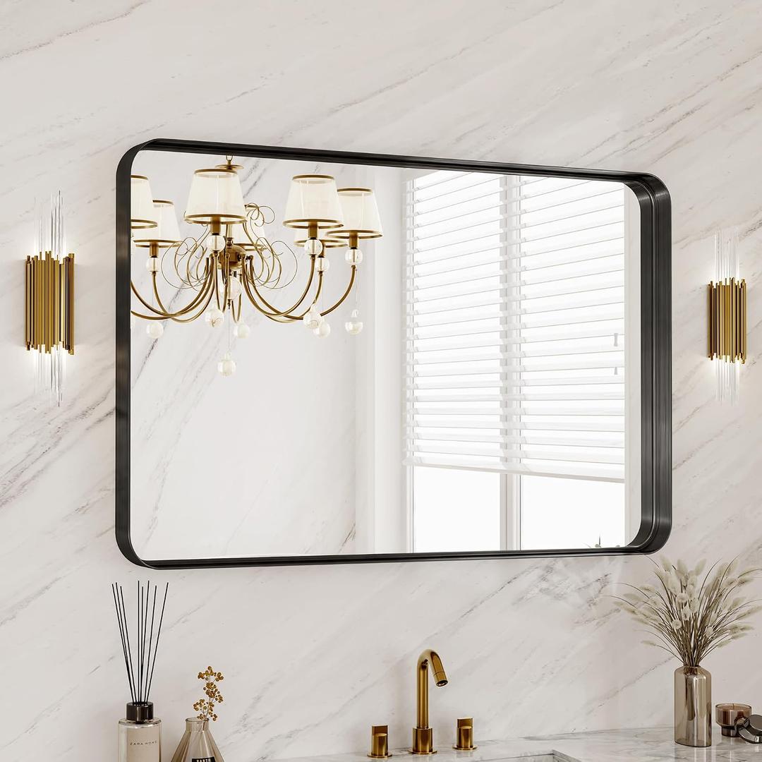 40X30 Inch Black Metal Framed Bathroom Mirror for Wall, Matte Large Rounded Rectangle Vanity Mirror Farmhouse,Anti-Rust, HD Tempered Glass, Horizontally or Vertically Hanging
