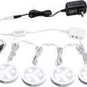 AIBOO Linkable LED Under Cabinet Lights 12V Slim Aluminum Dimmable Puck Lights with RF Remote Control & ETL Listed Power Adapter for Accent Display Lighting (4 Lights,Daylight White)