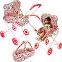 Baby Doll Stroller Play Set, 3-in-1 Babydoll Stroller with Removable Bassinet Baby Carriage for Dolls Toy Doll Stroller for Toddlers 3-4 Years, (Floral)