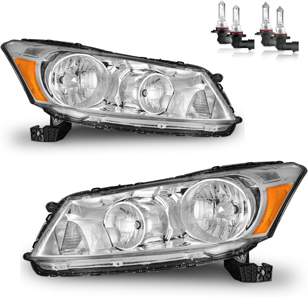 Headlights Assembly for 2008-2012 Honda Accord 4Dr, High/Low Beam W/Bulbs, Driver & Passenger Side, NOT fit coupe models or Crosstour models