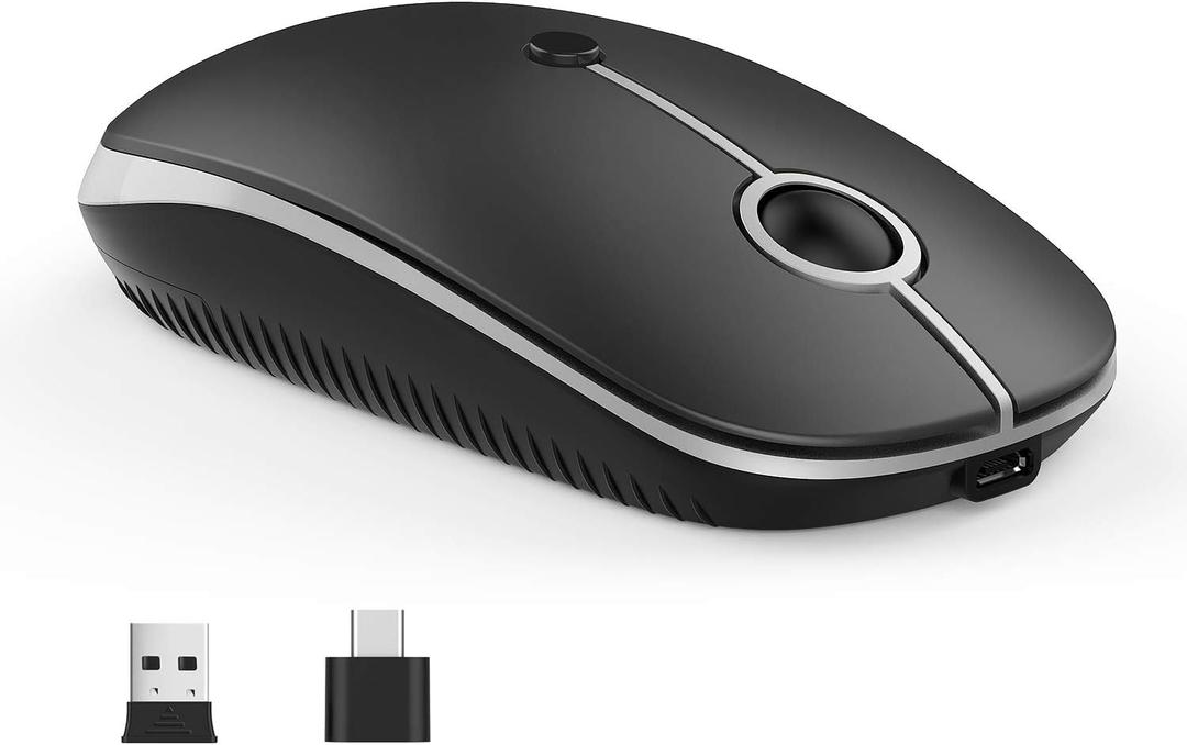 VssoPlor Type C Wireless Mouse, USB C MacBook Wireless Mouse Dual Mode Cordless Mice with USB and Type C Receiver Compatible with PC, Laptop, MacBook and All Type C Devices Black and Silver