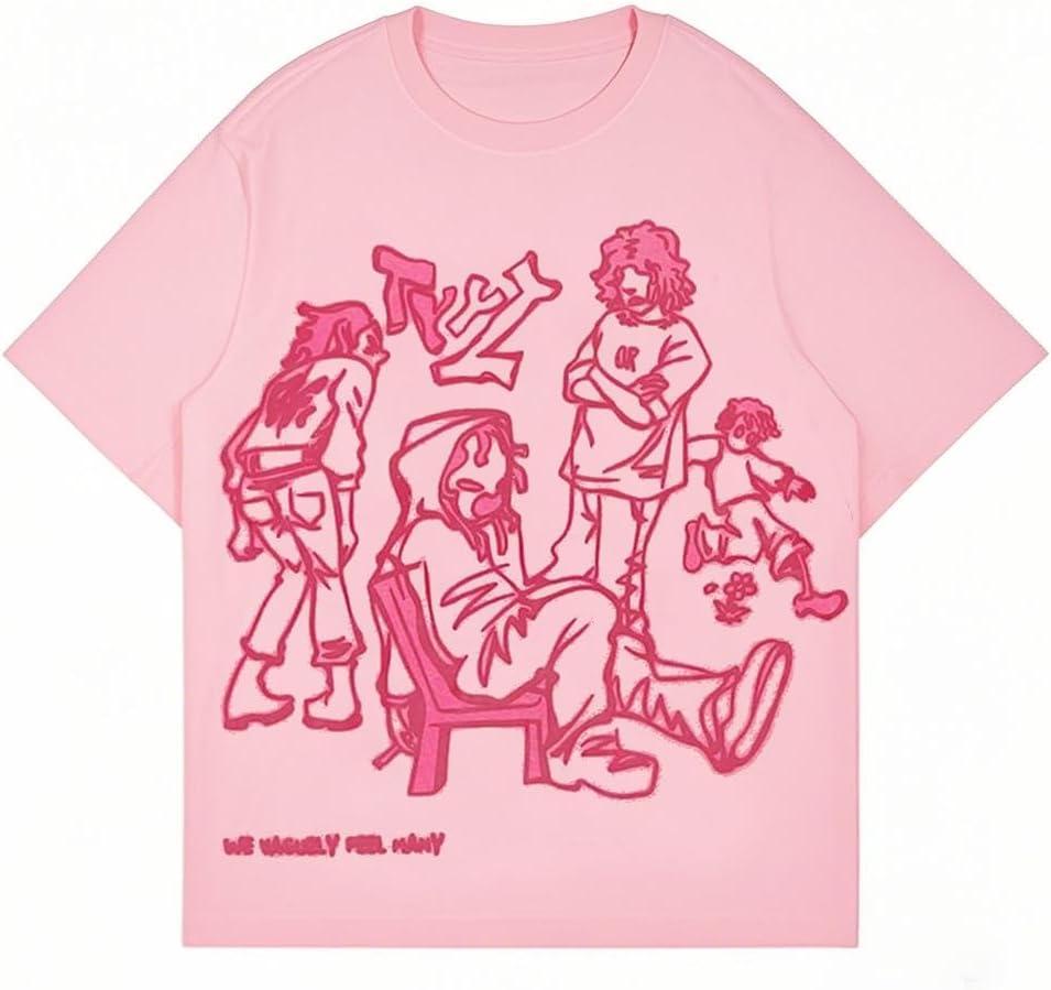 Oversized Graphic Tees Men Vintage Y2K Print Shirts Streetwear Unisex Harajuku T-Shirts (Pink, L)