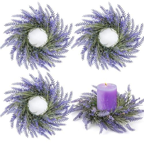 4 Pcs Lavender Candle Rings Wreaths Mini Purple Wreath Table Centerpieces 3 Inch Floral Wedding Ring Wreaths Pillar Lavender Candle Holder for Spring Summer Home Door Party Decoration