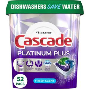 Cascade Platinum Plus Dishwasher Pod, Dish Detergent ActionPacs, Dishwasher Detergent, Fresh, 52 Count