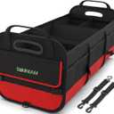Simniam Large Trunk Organizer for Car, Collapsible Multi Compartment Car Trunk Organizer with 2 Retractable Straps, Suitable for All Kinds of Cars, SUV, Minivan - 4 Compartments Red (Medium)