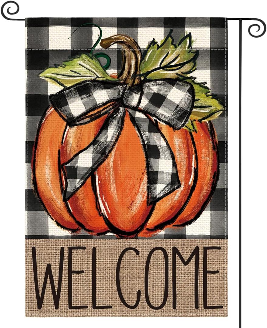 AVOIN colorlife Fall Pumpkin Welcome Garden Flag Double Sided, Autumn Thanksgiving Holiday Harvest Buffalo Plaid Yard Outdoor Decoration 12x18 Inch (Orange) AVOIN colorlife Fall Pumpkin Welcome Garden Flag Double Sided, Autumn Thanksgiving Holiday Harvest Buffalo Plaid Yard Outdoor Decoration 12x18 Inch (Orange)
