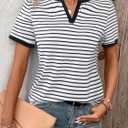 LilyCoco Women's Striped Shirt Short Sleeve Color Block Tops Notched Neck Summer Tee White Large (White, L)