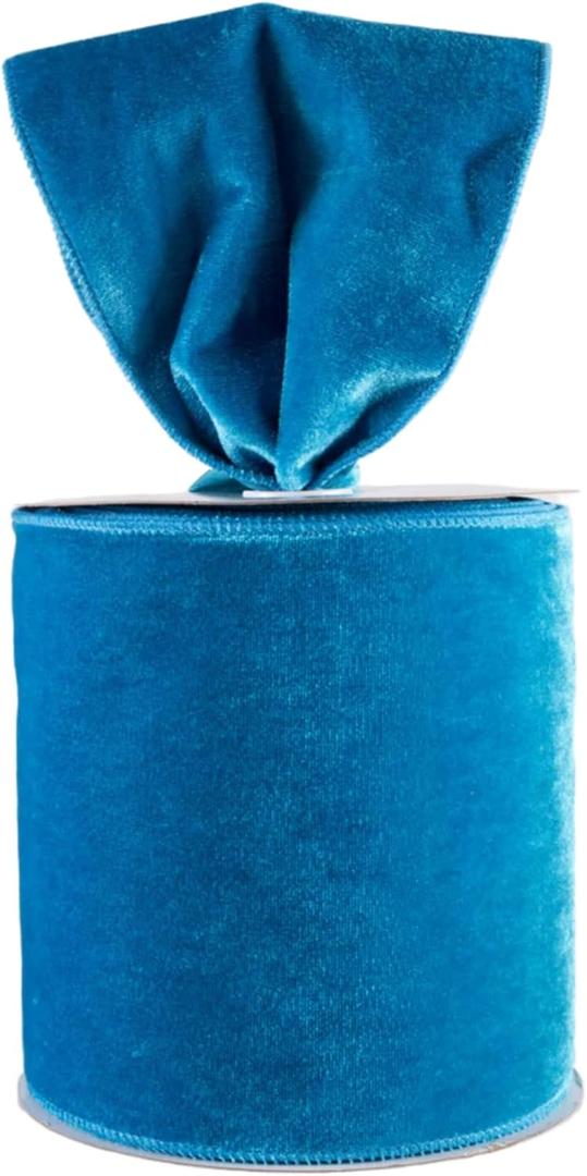 Meseey Velvet Wired Edge Ribbon, 4 Inch Width, Christmas Gift Wrapping Ribbon, Waterproof for Wreath DIY Crafts (Turquoise Blue, 10 Yards)