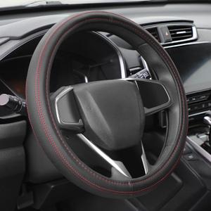 Auto Dynasty Steering Wheel Cover, Breathable Microfiber Leather Car Steering Wheel Protector with Red Stitching, Anti-Slip Inner Rubber Lining, [14 1/2 to 15 Inches] Universal Fit Cars Trucks SUVs