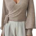 SHENHE Women's Casual V Neck Wrap Sweater Pullover Long Sleeve Slim Fit Knit Crop Top Sweater XS