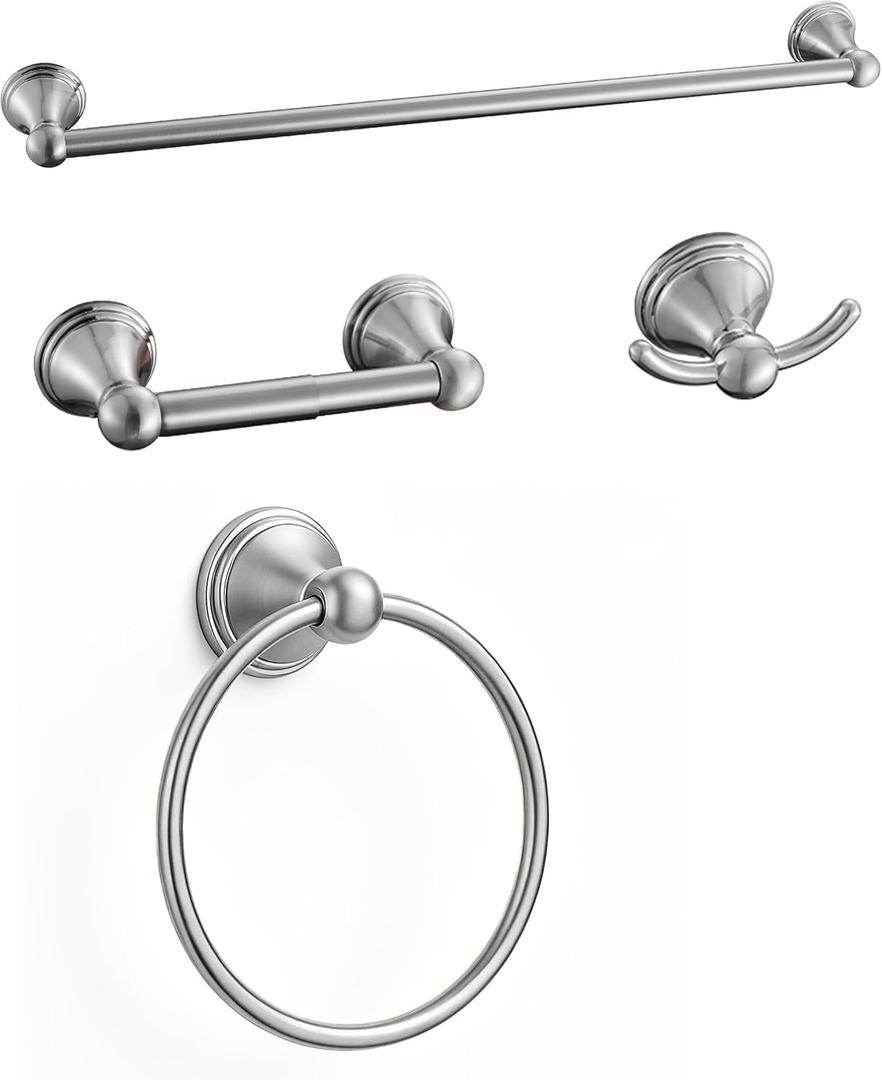 4-Piece Bathroom Hardware Accessories Kit, Zynuhmo Brushed Nickel Towel Bar Set Wall Mounted with 20'' Towel Bar, Towel Ring & Toilet Paper Holder, Robe Hook Set Fixtures for Modern Farmhouse Bathroom
