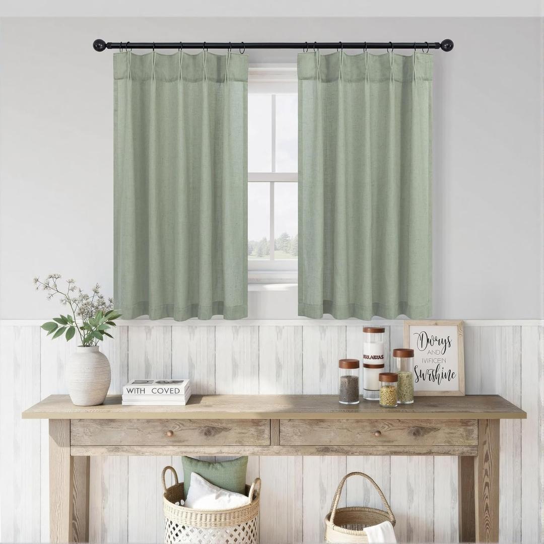 Sage Green Pinch Pleated Cafe Curtains 24 Inches Long 2 Panels Back Tab Pleat Rings Half Kitchen Window Curtain Over Sink Short Linen Semi Sheer Farmhouse Tiers Drapes for Bathroom RV 30x24 in Long