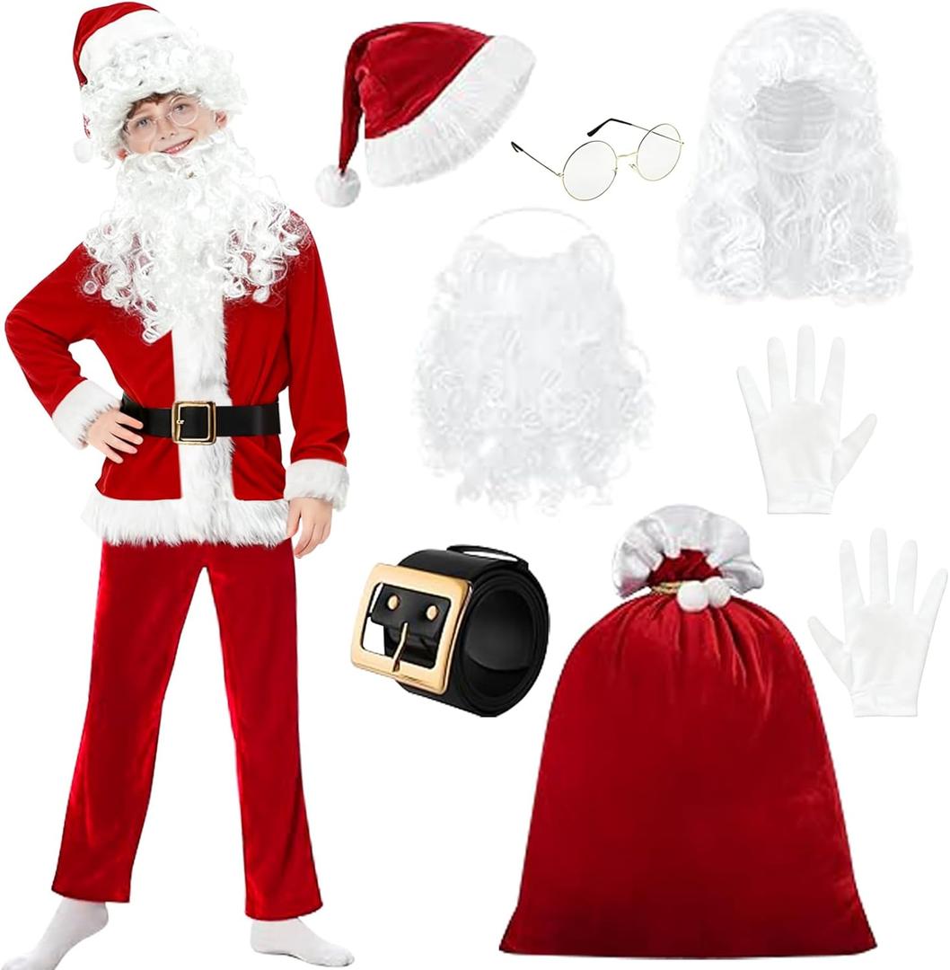 9PCS Santa Claus Costume for Kids: Velvet Christmas Suit Set with Accessories for Holiday Party Cosplay (Medium(8-10 Years))