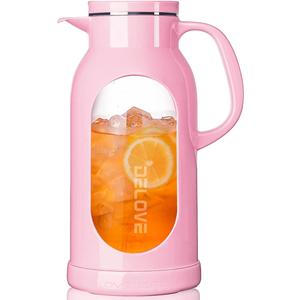 Delove 68 oz/ 2 Liter Glass Pitcher with Shatterproof Shell - Heat Resistant Glass Liner - Stainless Steel Lid - Carafe & Jug for Iced Tea, Hot/ Cold Water, Homemade Juice Beverages (Pink)