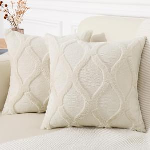 decorUhome Throw Pillow Covers 18x18 Inch Set of 2, Soft Plush Faux Fur Wool Beige Couch Pillow Covers, Decorative Neutral Pillow Cases for Bed Sofa Living Room Home Decor