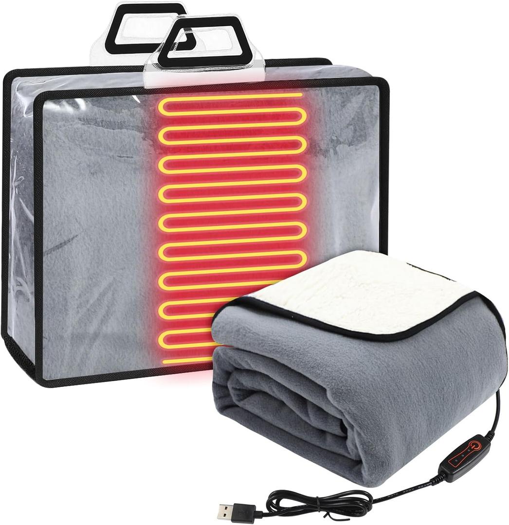 Glooglitter USB Heated Blanket 50"x60" Large Heating Throw Electric 5v Powered with Timer Function and Temperature Controller for Car Winter Travel Home Office Camping(Gray and White,Solid Color)